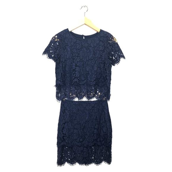 Lulu's Turn Back Time Navy Blue Lace Two-Piece Crop Top and Skirt Mini Dress xs - Picture 1 of 12